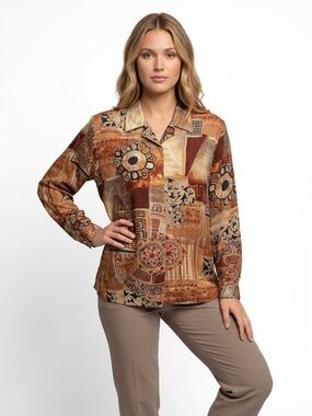 VTG Stunt Women’s 100% Silk Brown Patterned Button-Up Long Sleeve Shirt Sz L